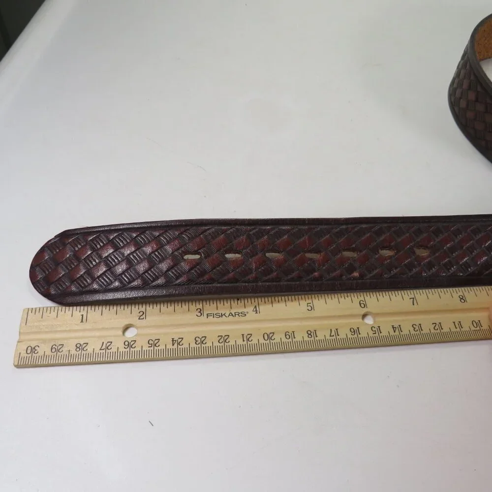 Brown Leather Belt tooled basket weave detail embossed size 36 and 1 1/2